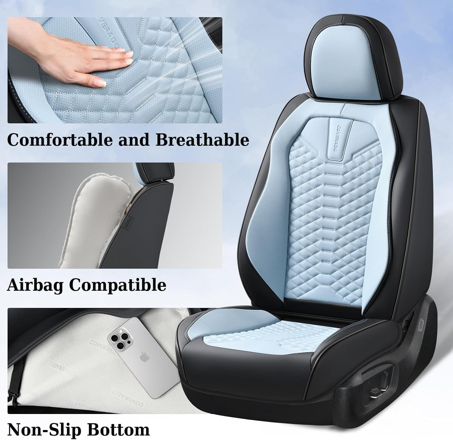 Premium Nappa Leatherette Luxury Car Seat Covers - Full Set (Black & Ice Blue)