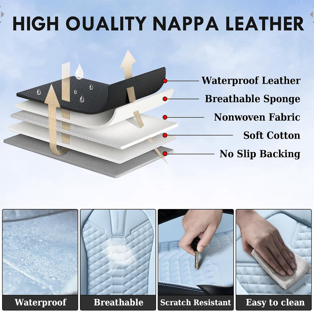 Premium Nappa Leatherette Luxury Car Seat Covers - Full Set (Black & Ice Blue)