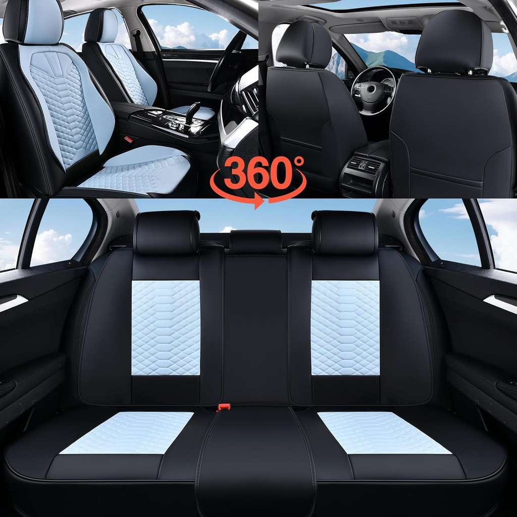 Premium Nappa Leatherette Luxury Car Seat Covers - Full Set (Black & Ice Blue)
