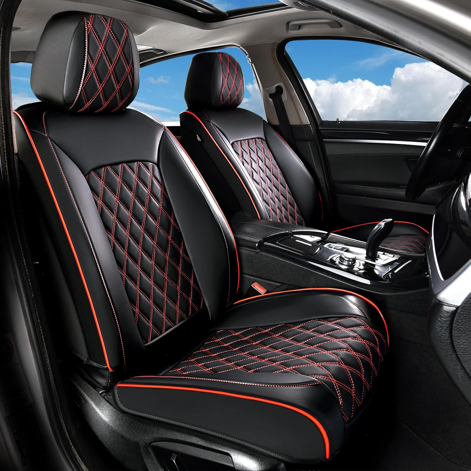 Premium Nappa Leatherette Sport Seat Covers - Full Set (Black & Red)